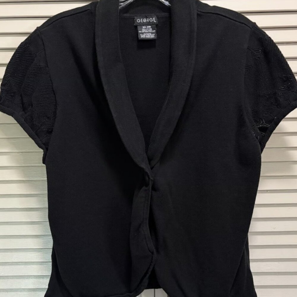 George Open Cardigan Black Knit Short Sleeve Ribbed Collar Button Size XXL